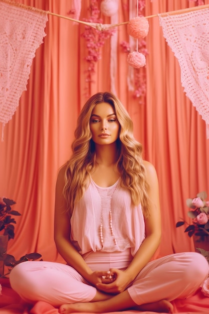 Kobieta siedzi na łóżku przed różową ścianą z kwiatami Generacyjna AI