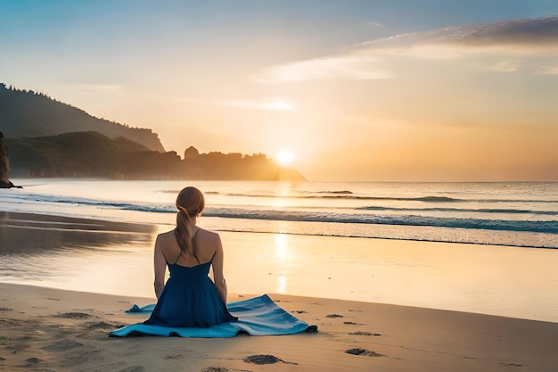Kobieta siedzi na plaży, a słońce zachodzi za jej plecami.