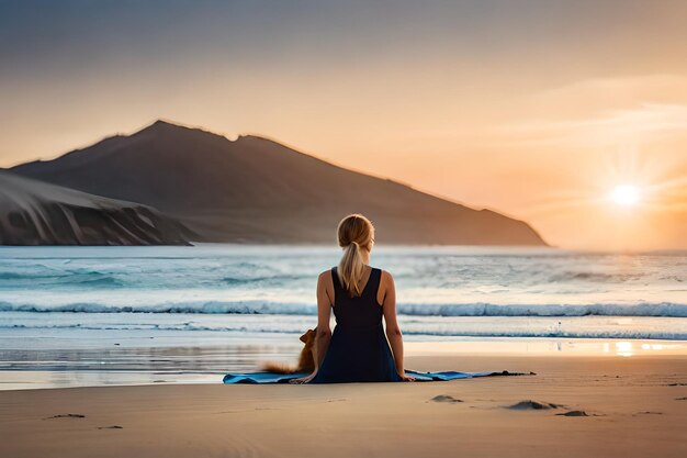 Kobieta siedzi na plaży, a za nią zachodzi słońce.