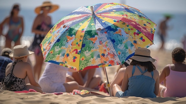 Kobieta siedzi na plaży pod parasolem.