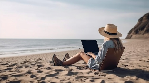 Kobieta siedzi na plaży z laptopem.