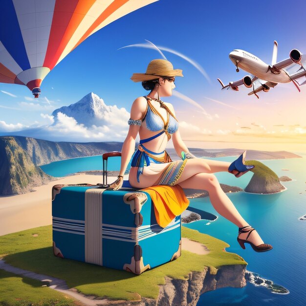 Kobieta siedzi na plaży z niebieską walizką i samolotem lecącym w tle.