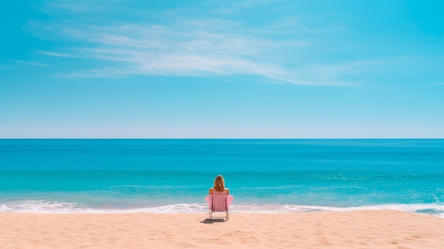 kobieta siedzi na plaży z widokiem na morze i morze