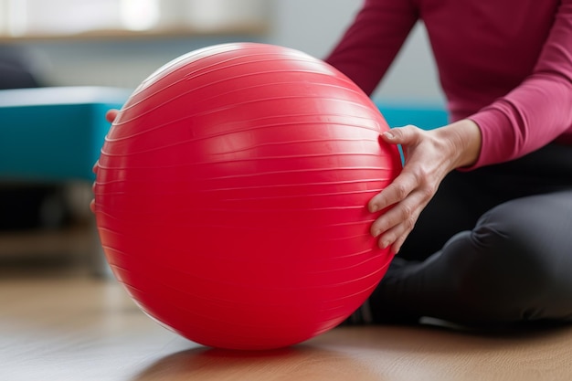 Zdjęcie kobieta siedzi na podłodze z czerwoną piłką do ćwiczeń zilustrować użycie piłki terapeutycznej podczas sesji fizjoterapii ai generowane