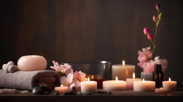 Kobieta siedzi na ręczniku obok świecy z różowymi kwiatami.