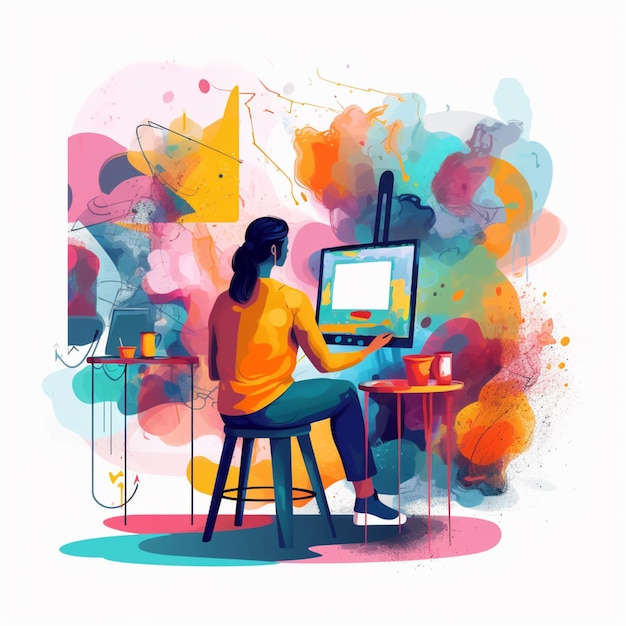 Kobieta siedzi na stołku przed obrazem obrazu kobiety pracującej na komputerze.