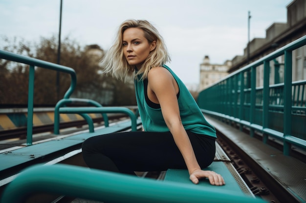 Kobieta siedzi na torach kolejowych w zielonym podkoszulku i ma na sobie zielony podkoszulek.