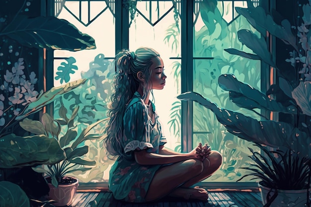 Kobieta siedzi przed oknem z roślinami w tle.