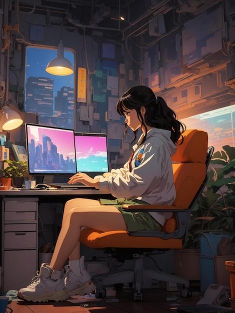 Kobieta siedzi przy biurku komputerowym z dwoma monitorami