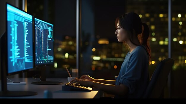 Kobieta siedzi przy biurku przed dużym monitorem z napisem „samsung” na ekranie