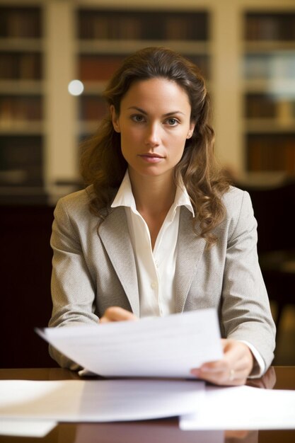 Kobieta siedzi przy biurku z folderem pełnym papierów.
