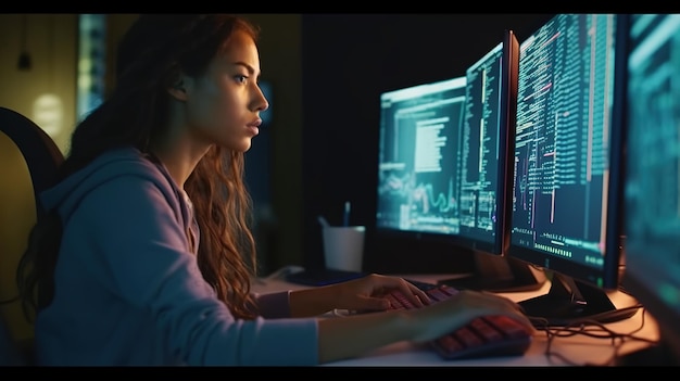 Kobieta siedzi przy komputerze przed ekranem z napisem „cyberbezpieczeństwo”