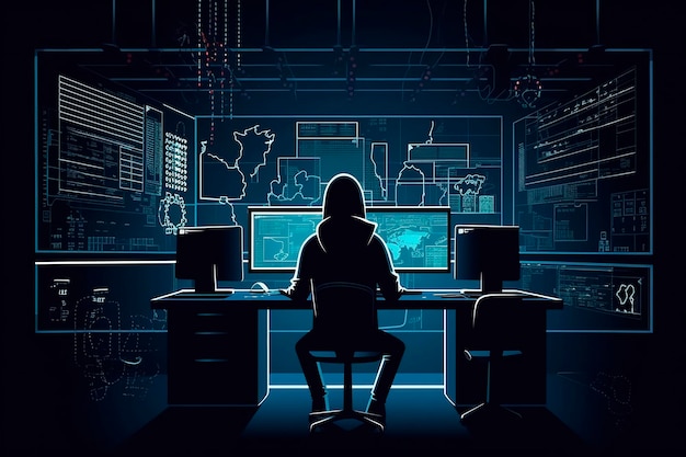 Kobieta siedzi przy komputerze w ciemnym pokoju z ciemnym tłem.