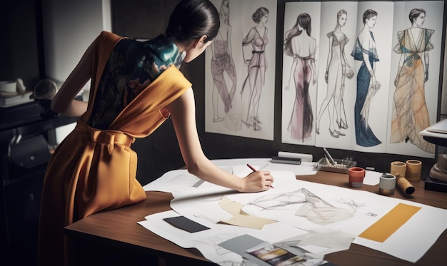 Kobieta siedzi przy stole przed rysunkiem projektu mody.
