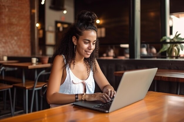 Kobieta siedzi przy stole w restauracji i pracuje na laptopie