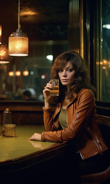 Zdjęcie kobieta siedzi przy stole z kieliszkiem piwa w ręku.