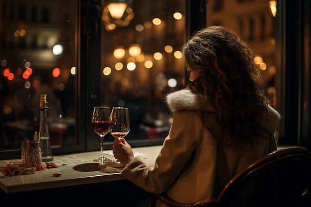 Kobieta siedzi przy stole z kieliszkiem wina przed oknem.