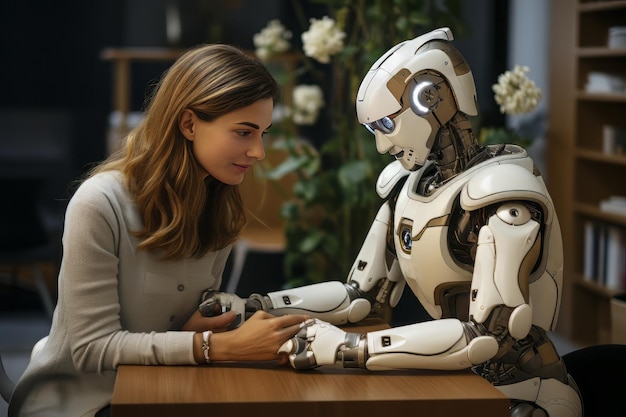 kobieta siedzi przy stole z robotem na kolanach i kobieta patrzy na telefon.
