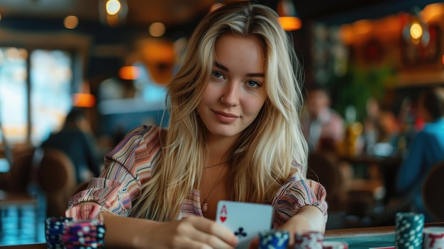 Kobieta siedzi przy stole z talią kart i telefonem komórkowym