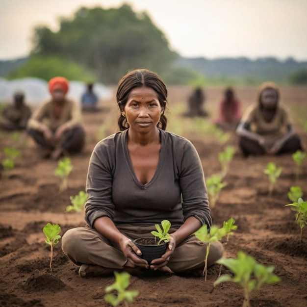 Zdjęcie kobieta siedzi trzymając sadzonki na suchym lądzie w ocieplonym świecie