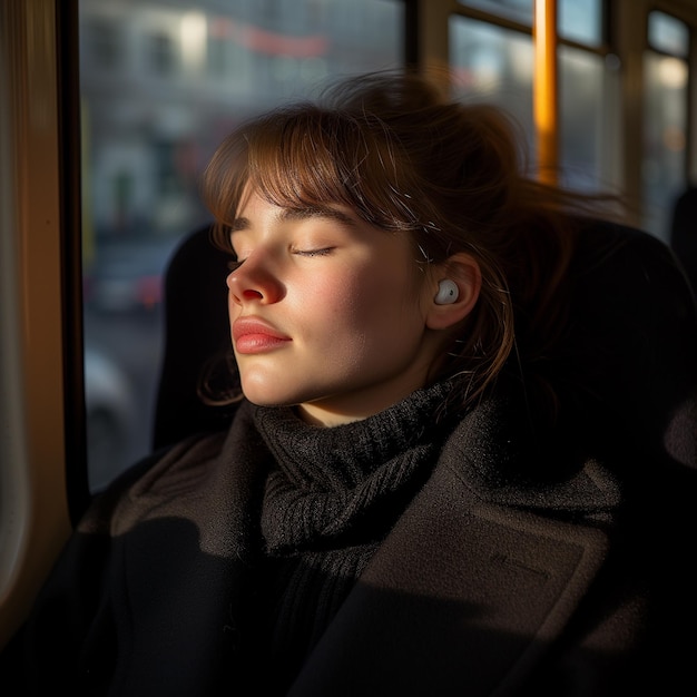 Kobieta siedzi w autobusie z zamkniętymi oczami.