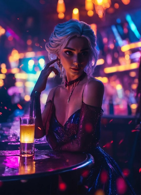 Kobieta siedzi w barze z kieliszkiem piwa.