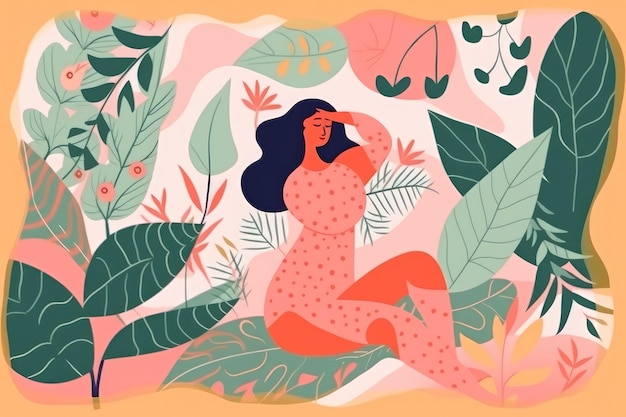 Kobieta siedzi w dżungli z kwiatowym nadrukiem.