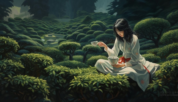 Kobieta siedzi w ogrodzie z filiżanką herbaty.