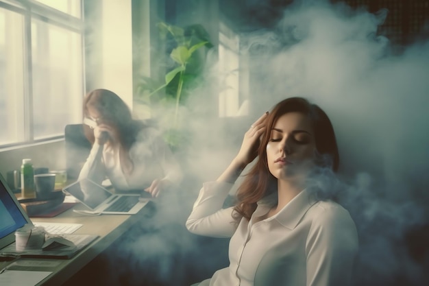 Kobieta siedzi w pokoju z dymem w oczach i zamkniętymi oczami.