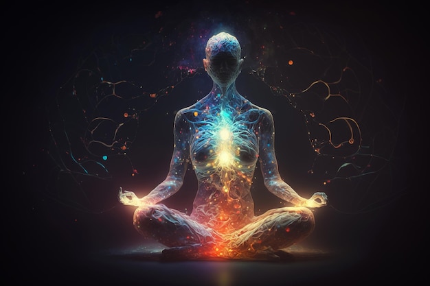 Kobieta siedzi w pozie lotosu, osoba ćwiczy jogę i medytację, promieniując generatywną energią AI