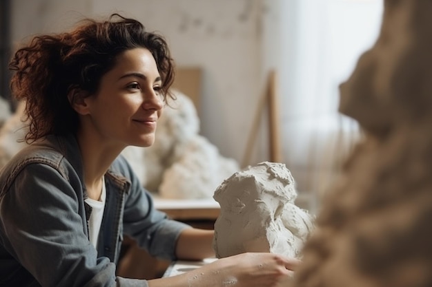 Kobieta siedzi w pracowni z glinianą rzeźbą w dłoniach.