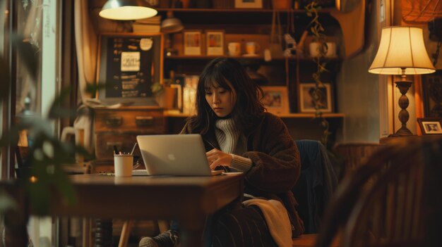Kobieta siedzi wygodnie w kawiarni i pracuje na laptopie lofi i nostalgiczny