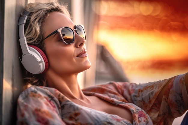 Kobieta słuchająca muzyki lub relaksujących dźwięków natury w dużych słuchawkach Atrakcyjna kaukaska kobieta w średnim wieku, blond włosy, ciesząca się życiem Zdrowie psychiczne Koncepcja równowagi między życiem zawodowym a prywatnym AI Wygenerowana treść
