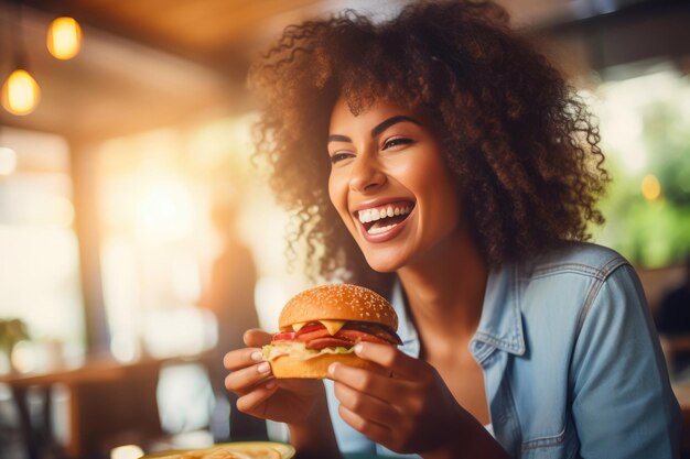 Kobieta smakuje Burger Delight