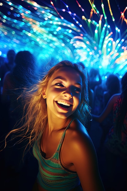 Zdjęcie kobieta śmiejąca się na kolorowym tle z kolorowymi światłami.