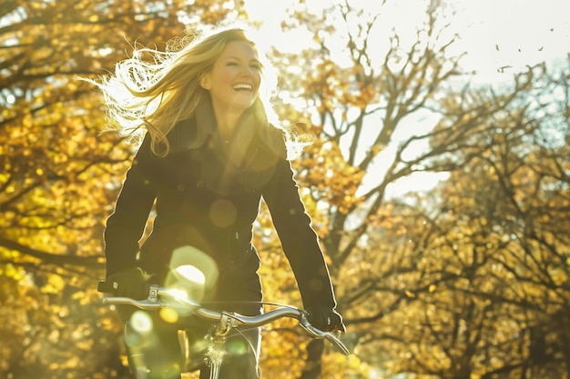 Kobieta śmiejąca się na rowerze przez pokryty słońcem las doświadczająca czystej radości mo