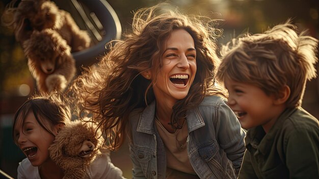 Kobieta śmiejąca się z dwójką dzieci w radosnym momencie Dnia Matki