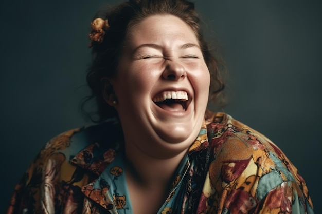 Kobieta śmiejąca się z zamkniętymi oczami i szeroko otwartymi ustami