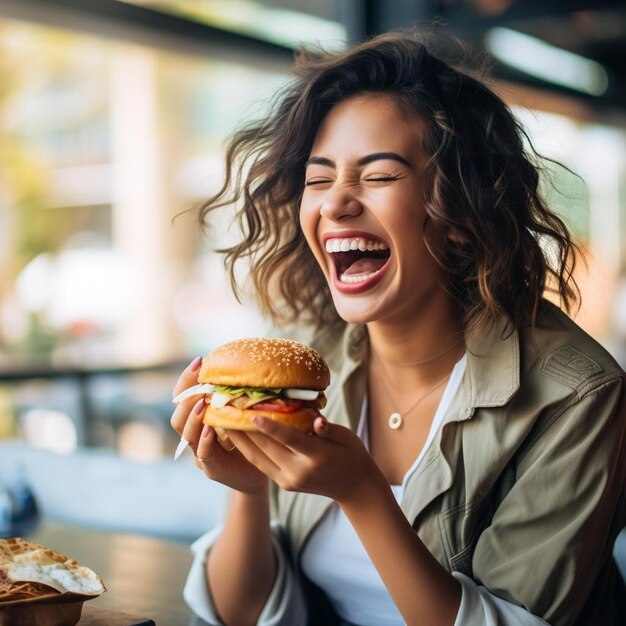 Kobieta śmieje się i je hamburger.