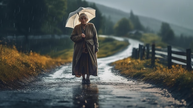 Kobieta spaceru w deszczu z parasolem