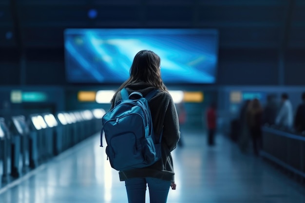 Kobieta spacerująca po lotnisku z plecakiem widok z tyłu zdjęcie Generative AI