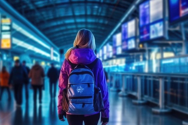 Kobieta spacerująca po lotnisku z plecakiem widok z tyłu zdjęcie Generative AI