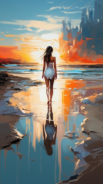 Kobieta spacerująca po plaży o zachodzie słońca
