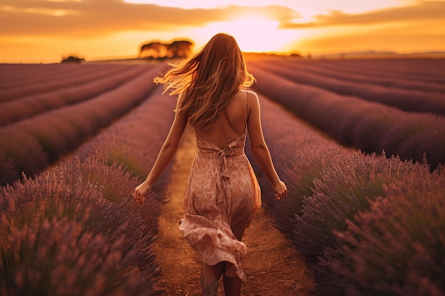 Kobieta spacerująca po polu lawendy o zachodzie słońca