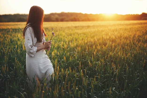 Kobieta spacerująca po polu pszenicy w ciepłym świetle zachodu słońca Stylowa młoda kobieta w rustykalnej sukience trzymająca kwiaty w dłoniach i relaksująca się wieczorem na wsi Spokojny klimatyczny moment