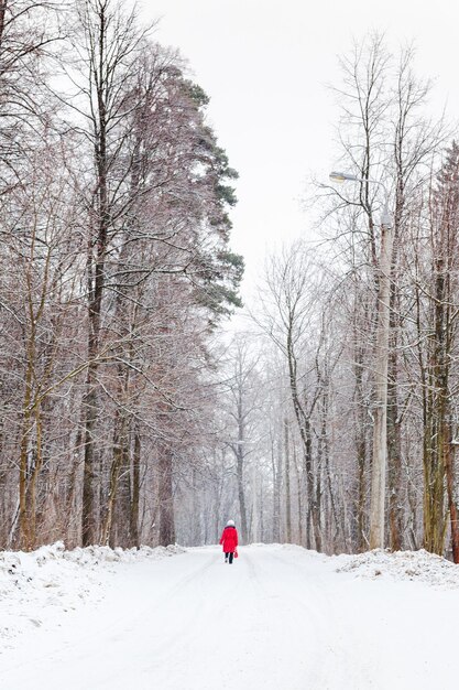 Kobieta spacerująca po śnieżnej drodze pod opadami śniegu
