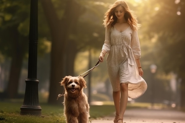 Kobieta spacerująca z psem w parku