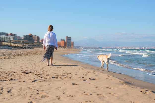 Kobieta spaceruje ze swoim psem labradorem na plaży o zachodzie słońca