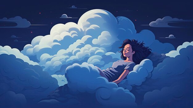 kobieta śpi na chmurach i to w stylu portretów uproszczonych i stylizowanych