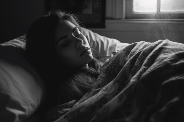 Kobieta śpi w łóżku z kocem zakrywającym twarz.